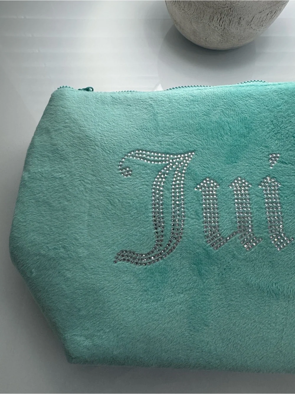 Juicy Couture Teal Mint Blue Velour Velvet Cosmetic Bag Soft Rhinestone